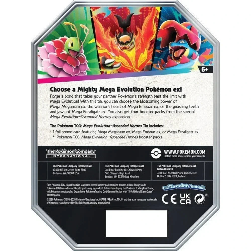 Pokémon Ascended Heroes Tin – Mega Emboar ex – achterzijde met inhoud en productgegevens
