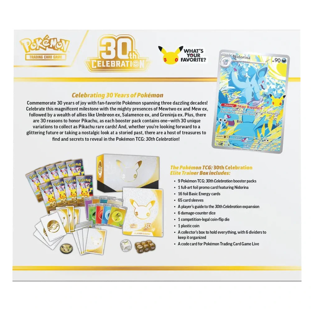 Pokémon TCG 30th Celebration Elite Trainer Box – achterzijde met inhoudsoverzicht