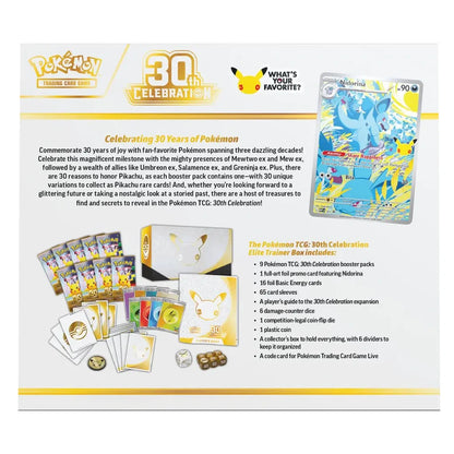Pokémon TCG 30th Celebration Elite Trainer Box – achterzijde met inhoudsoverzicht
