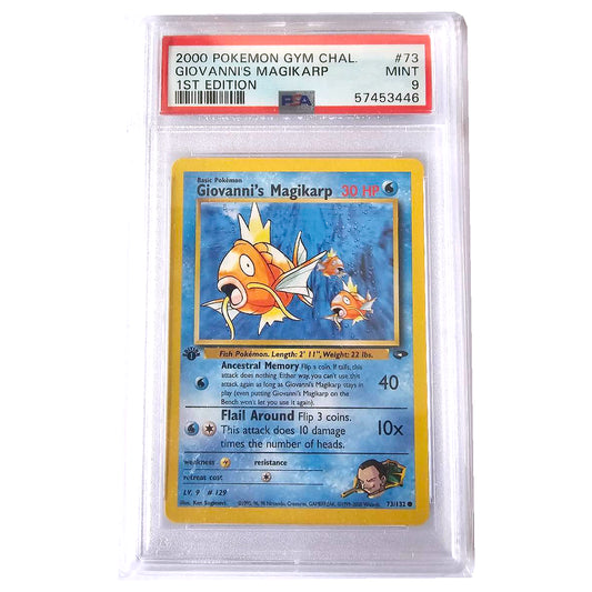Giovanni’s Magikarp 73/132 Gym Challenge 1st Edition PSA 9, certificaat 57453446 – voorzijde