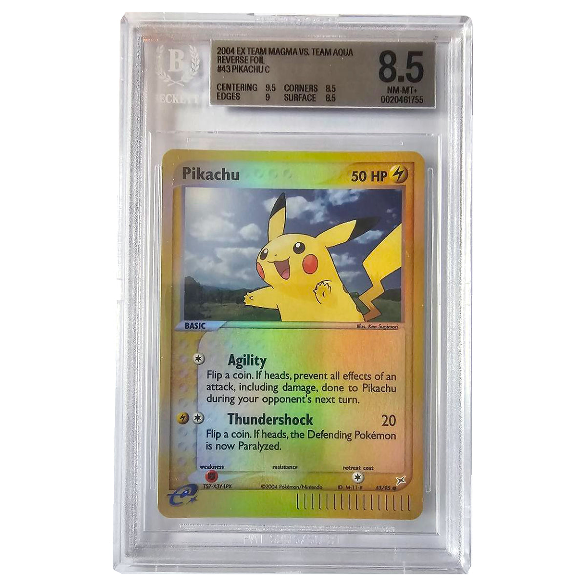 Pikachu 43/95 EX Team Magma vs Team Aqua Reverse Foil – Beckett 8.5, certificaat 0020461755 – voorzijde