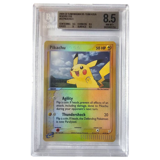 Pikachu 43/95 EX Team Magma vs Team Aqua Reverse Foil – Beckett 8.5, certificaat 0020461755 – voorzijde
