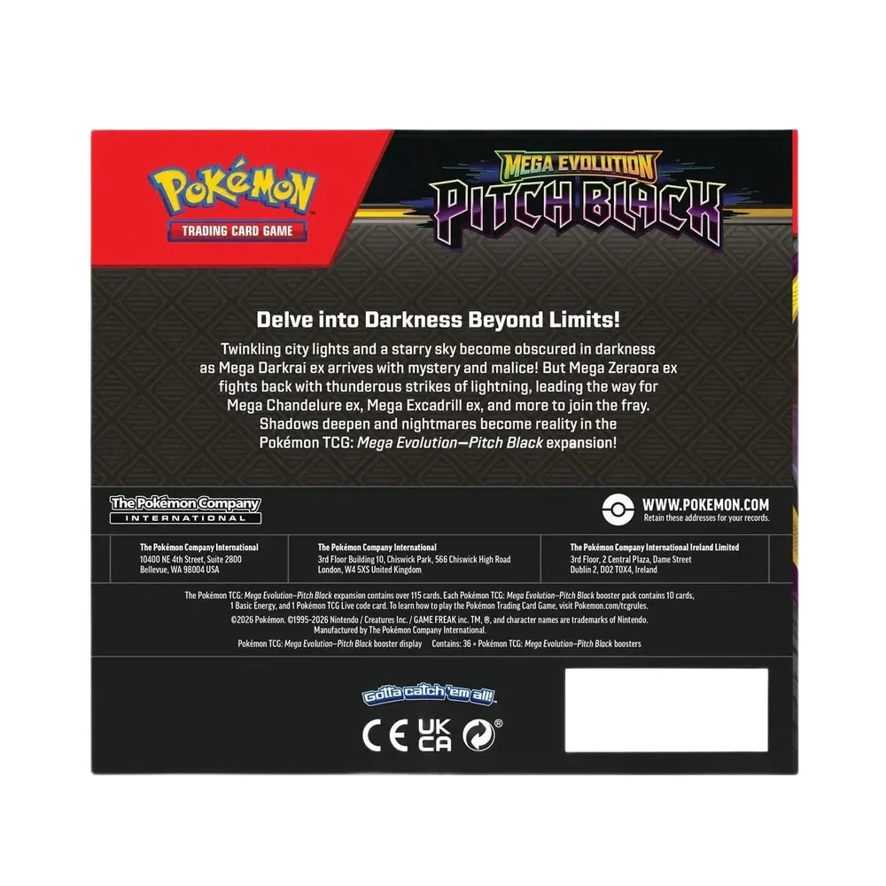 Pokémon Mega Evolution Pitch Black Booster Box – achterzijde met productgegevens